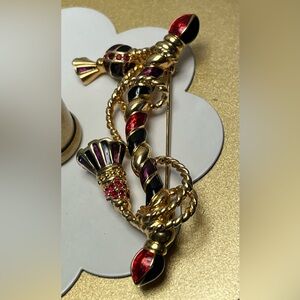 Swarovski Guilloche Multicolor Enamel & Red Crystal Rhinestones Brooch